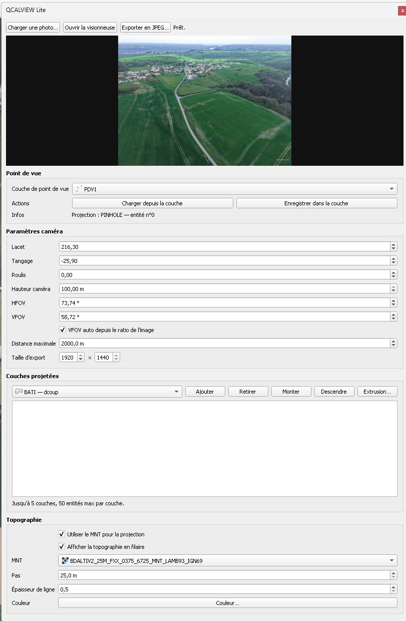 Interface QCALVIEW Lite dans QGIS
